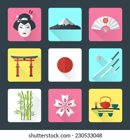 vector color flat style japanese national theme icons with shadow set