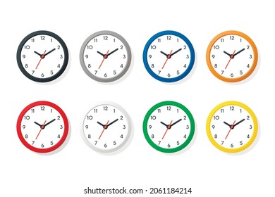 Vector Color Flat Wall Office Clock Icon Set Isolated on White. Different Colors. White Dial. Design Template of Wall Clock Closeup. Mock-up for Branding, Advertise. Top, Front View