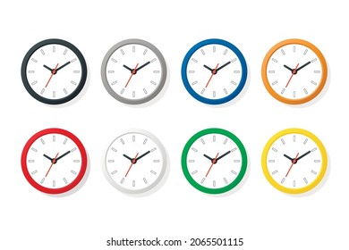 Vector Color Flat Wall Office Clock Icon Set Isolated on White. Different Colors. White Dial. Design Template of Wall Clock Closeup. Mock-up for Branding, Advertise. Top, Front View