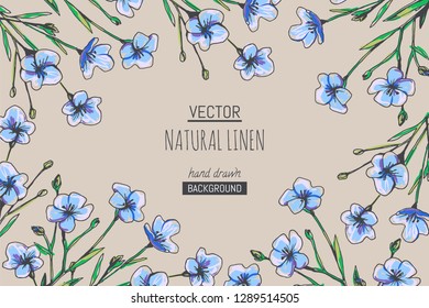 Vector color floral background with linen branches. Hand drawn texture with flowers.