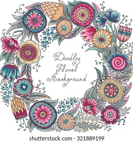 vector color floral frame pattern of spirals, swirls, doodles
