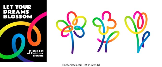 Vector Color Flower Logo. Abstract One Line Icons with Gradient. Art Floral Shape Design. 