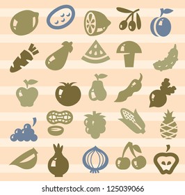 vector color fruit and vegetable icons set on beige