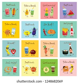 Vector color funny food emoji icons with emotions isolated on dark background in flat cartoon style