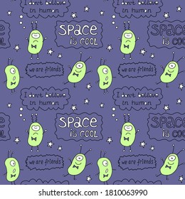 Vector color funny seamless pattern with cute monsters aliens, space doodles and lettering. Background and texture for fabric, wrapping, wallpaper, textile, apparel, cover