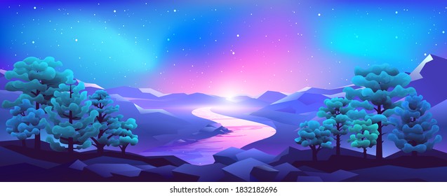 Vector color gradient widescreen landscape illustration. View of the mountains and the river against the background of the shining night sky.