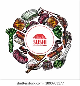 Vector color graphics of sushi, rolls, seafood, banner sketches. Pattern, print, menu cover. High detail, high-quality drawing, line drawing.