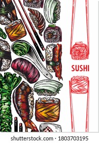Vector color graphics of sushi, rolls, seafood, banner sketches. Pattern, print, menu cover. High detail, high-quality drawing, line drawing.