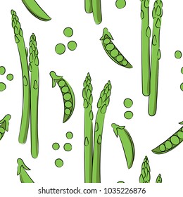 vector color green asparagus peas beans vegetable branch on white for menu cafe. healthy food. vegetarian. seamless pattern