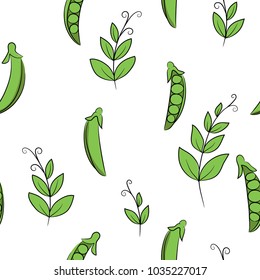 vector color green peas beans vegetable leaves  branch on white for menu cafe. healthy food. vegetarian. seamless pattern
