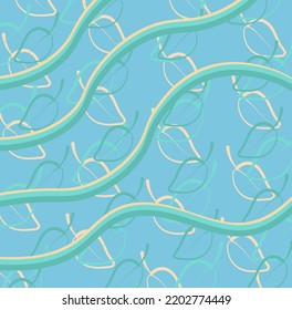 Vector color hand drawing abstract waves on a sea background with leaves. Blue abstract marine texture.