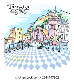 Vector color hand drawing. The square Piazza IX Aprile in Taormina, Sicily, Italy