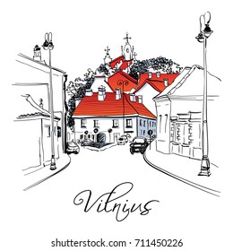 Vector color hand drawing, Typical street in Old Town of Vilnius, Lithuania.
