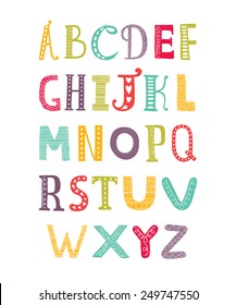 Vector color hand drawn alphabet isolated on white background, doodle letters collection