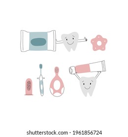 Vector color hand drawn baby oral care illustration. Dental hygiene for child. Funny teeth with toothpaste, toothbrushes, tooth tissues, wipes, gum brush, teether 