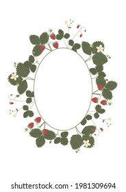 Vector color hand drawn berry frame. Flat illustration of strawberry branches with leaves, flowers and berries. 