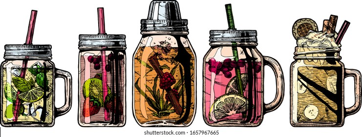 Vector color hand drawn illustration set of shaker and cocktails in drinking jar with handle and straw. Isolated on white background.  