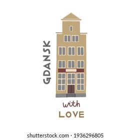 Ilustración de color vectorial a mano con una bonita casa de la ciudad vieja. Gdansk, Polonia. Con amor