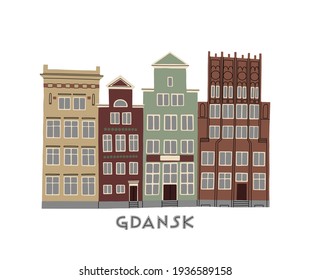 Vector color hand drawn illustration with an old town city cute house panorama. Gdansk, Poland.  