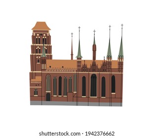 Vector color hand drawn illustration with St. Mary's Church. Bazylika Mariacka. Gdansk, Poland. Old town. . Brick Gothic Roman Catholic church