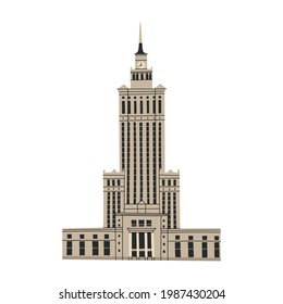 Vector color hand drawn illustration with Palace of Culture and Science. Warsaw, Poland. Isolated on white background