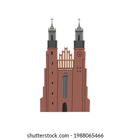 Vector color hand drawn illustration with Archcathedral Basilica of St. Peter and St. Paul. Poznan, Poland. Old town. Brick Gothic Roman Catholic church
