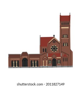 Ilustración de color vectorial a mano con la Iglesia Roja de San Simón y Alena. Minsk, Bielorrusia. Templo neogótico de ladrillo