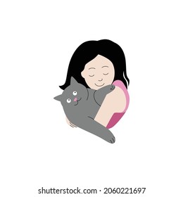 Vector color hand drawn illustration with a girl hugging a gray cat. Isolated on white background