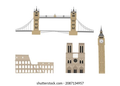 Vector color hand drawn illustration with famous world landmarks. Isolated on white background