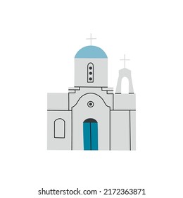 Ilustración de color vectorial a mano con la Iglesia Blanca, la playa de Kalamies, Protaras, Chipre. Arquitectura griega ortodoxa de piedra
