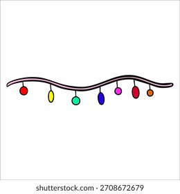 Vector color hand drawn illustration of New Year's lights, garland on a Christmas tree on a white background, Happy New Year