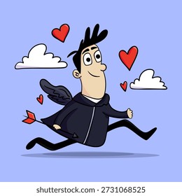 Ilustración dibujada a mano en color Vector de un cupido enamorado con alas y una flecha en su mano, Día de San Valentín