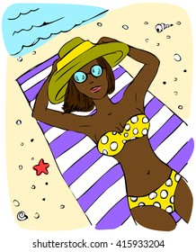 Vector color hand drawn illustration of the african woman in yellow swimsuit, with big hat and sunglasses at the beach. Linear sketch of the african model lying at the sea. Image for traveling, trips.