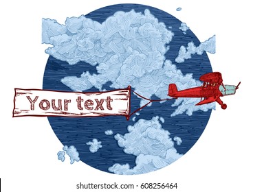 Vector color hand drawn illustration of vintage red biplane with flying advertising banner. Airplane on the blue sky background. Place for your text.