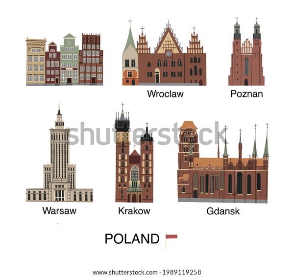 Vector color hand drawn illustration with Poland\
sights and monuments of architecture set. Poznan, Wroclaw, Warsaw,\
Krakow, Gdansk