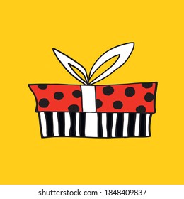 Vector color hand drawn image of gift box in Doodle style. Festive design element for Christmas, Valentines day, birthday, new year, other holiday