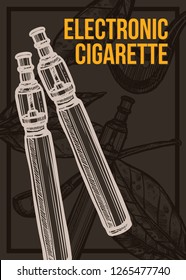 Vector color hand drawn poster with sketch electronic cigarettes on chalkboard. Template of design about smoking