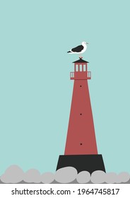  Postal marina de color vectorial dibujada a mano con un faro rojo en la costa y una gaviota sentada sobre ella 