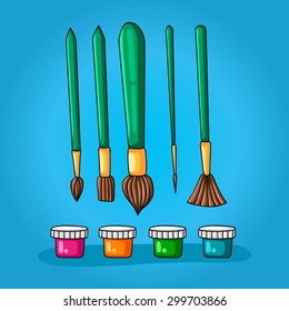 Vector color hand painted work with color set of five different brushes for painting and four colors in small jars with lids. Illustration for school textbooks, postcards, posters.