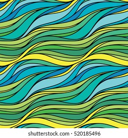 Vector color hand-drawing seamless wave sea background. Blue and green abstract sea texture.