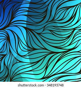 Vector color hand-drawing wave marine sea background. Blue abstract ocean texture. Classic blue, color of the year 2020.