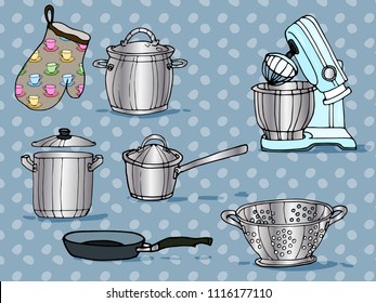 Vector color hand-drawn artwork utensils and kitchen utensils, cutlery.