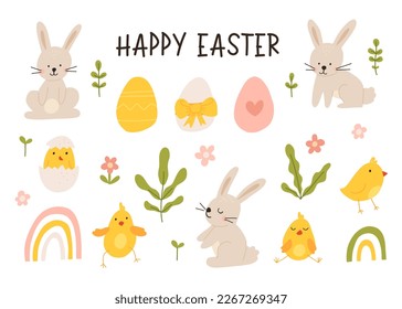 Vector color hand-drawn children cute easter set with hens, bunny, easter eggs, flowers in scandinavian style on a white background. Easter set. Spring. Happy easter.