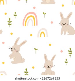 Los niños dibujados a mano en color vectorial adoran un adorable patrón sin costuras de Pascua con gallinas, conejito, huevos de Pascua, flores de estilo escandinavo. Colorido conjunto de Semana Santa. Fondo de primavera de dibujos animados Doodle. Feliz Pascua.