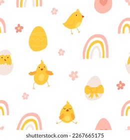 Vector color hand-drawn children cute easter seamless pattern with hens, bunny, easter eggs, flowers in scandinavian style. Easter colorful set. Doodle cartoon spring background. Happy easter.