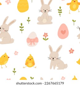Vector color hand-drawn children cute easter seamless pattern with hens, bunny, easter eggs, flowers in scandinavian style. Easter colorful set. Doodle cartoon spring background. Happy easter.