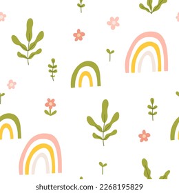 Vector color hand-drawn children cute easter seamless pattern with hens, bunny, easter eggs, flowers in scandinavian style. Easter colorful set. Doodle cartoon spring background. Happy easter.