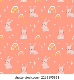 Vector color hand-drawn children cute easter seamless pattern with hens, bunny, easter eggs, flowers in scandinavian style. Easter colorful set. Doodle cartoon spring background. Happy easter.