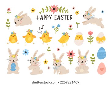 Vector color hand-drawn children cute easter set with bunny, chick and easter eggs, flowers in scandinavian style on a white background. Easter set. Spring. Happy easter.