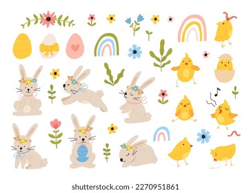 Vector color hand-drawn children cute easter set with bunny, chick and easter eggs, flowers in scandinavian style on a white background. Easter set. Spring. Happy easter.